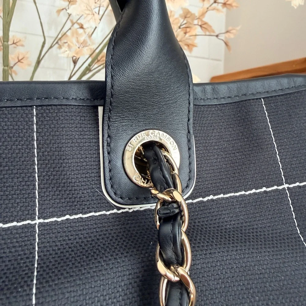 CHANEL Black Grid Canvas Tote with Chain-and-Leather Straps and Matching Pouch - Picture 9 of 14